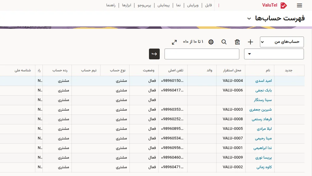 The same CRM screen signed in as a second operator: its own brand and VALU accounts, nothing of the first
